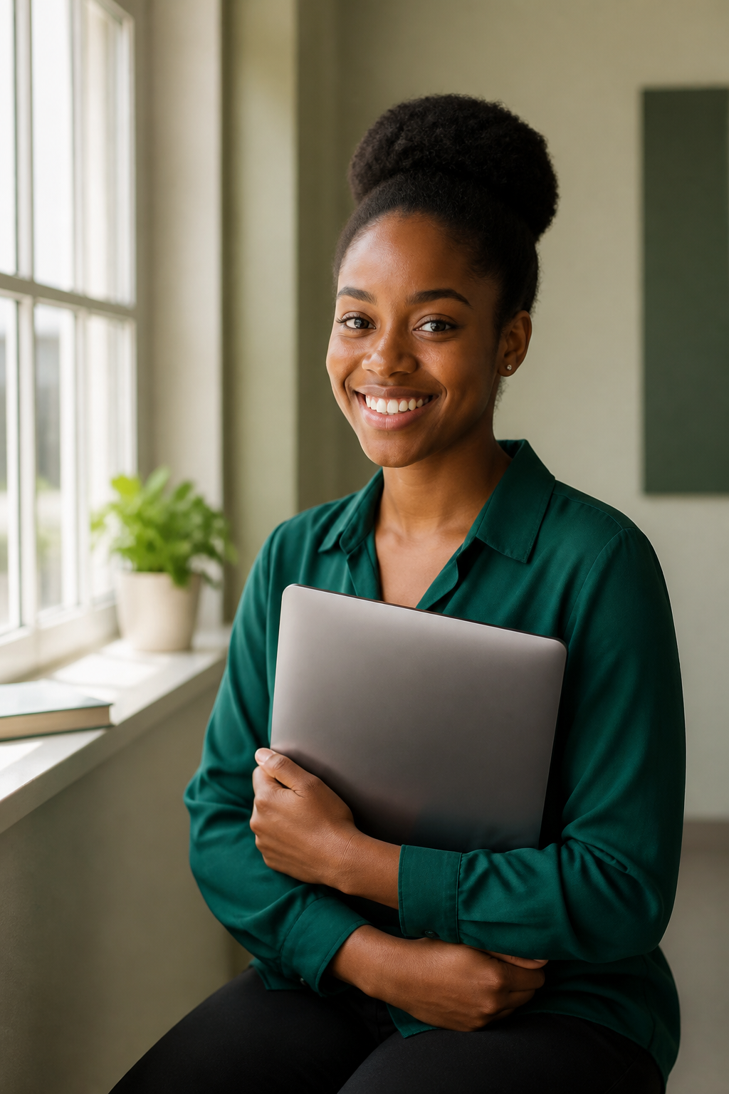 An educator with a laptop in a bright classroom